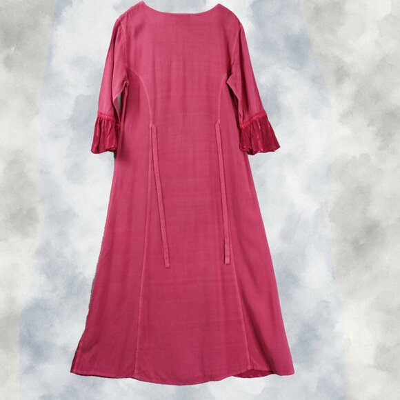 BFA Classic Embroidered Button Front Dress M Boho Fuchsia Rayon Midi Tie Back - Picture 12 of 16